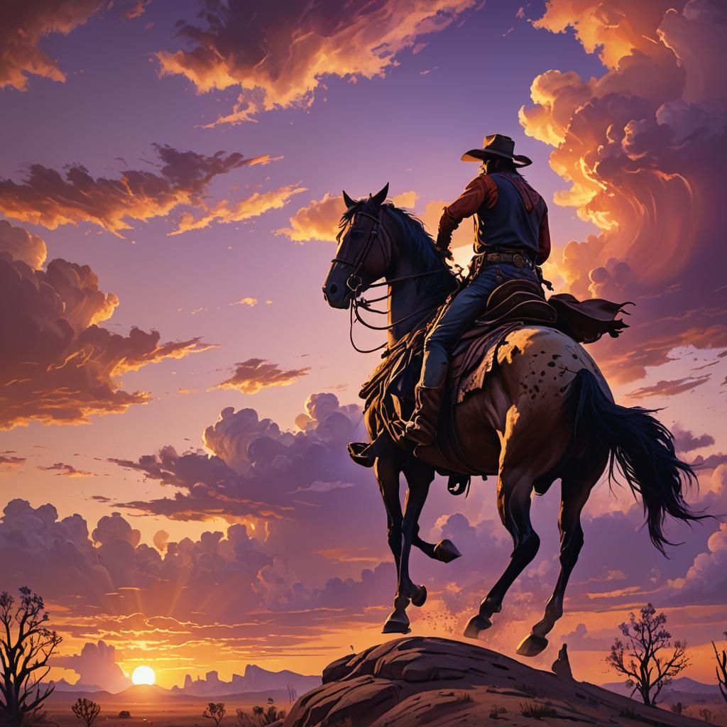 Cowboy Silhouette Riding into Sunset: Digital Matte Painting