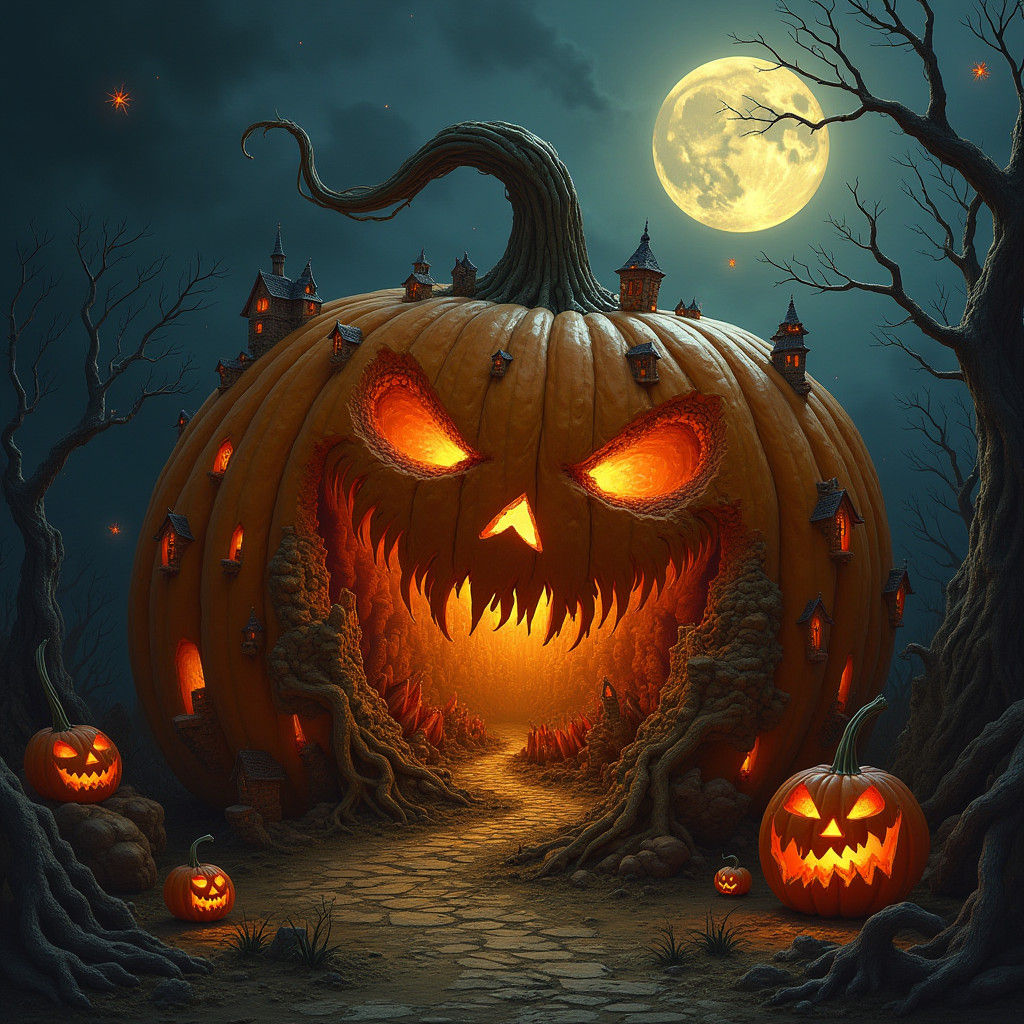 Eerie Town Carved Inside a Grotesque Pumpkin