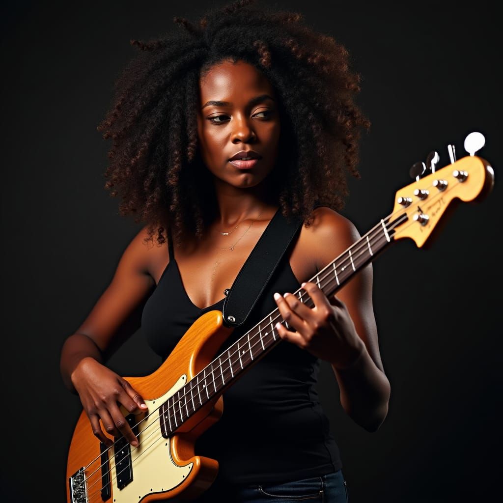 Black Female Musician Playing Electric Bass Guitar
