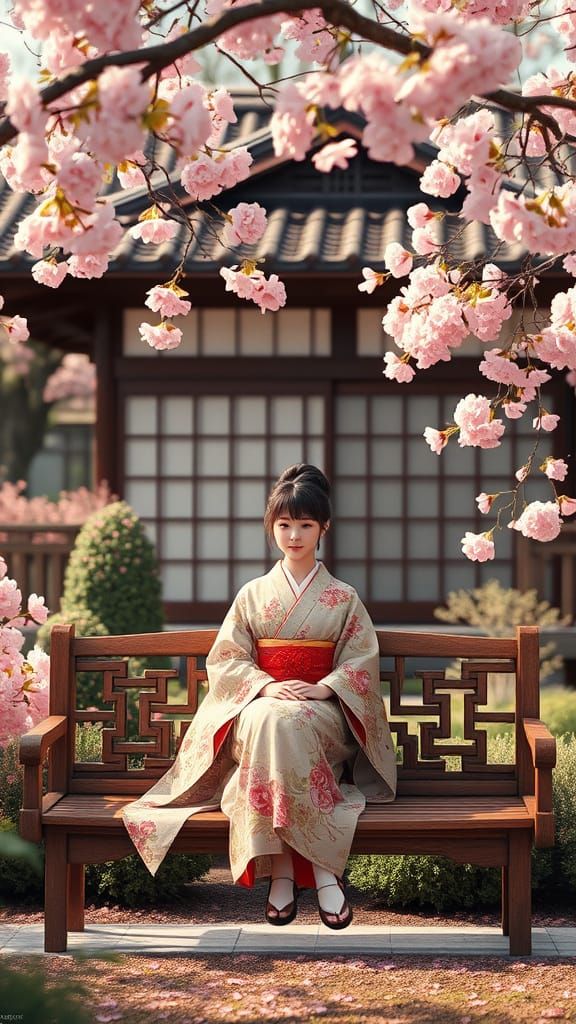 Ethereal Japanese Garden Scene with Cherry Blossoms and Trad...