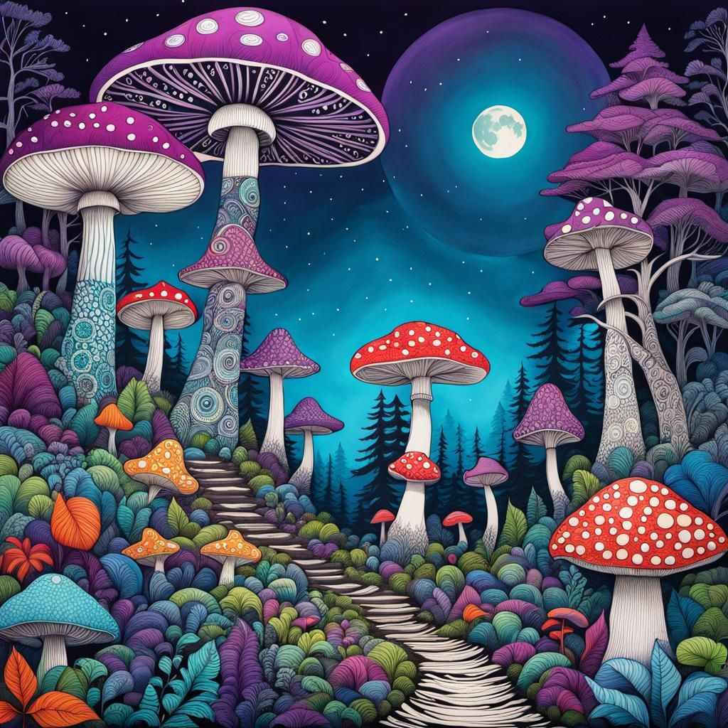 Colorful Zentangle Mushroom Forest with Giant Moon