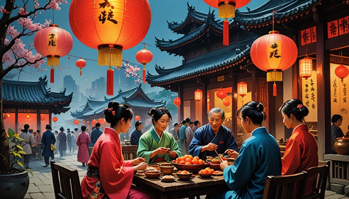 Vibrant Vietnamese Tet Celebration in Front of a Majestic Te...