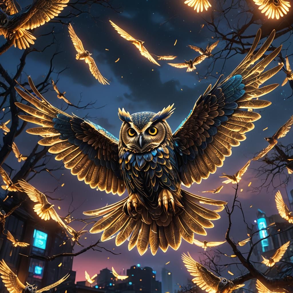 Bioluminescent Neon Owl in Flight: Detailed Fantasy Art