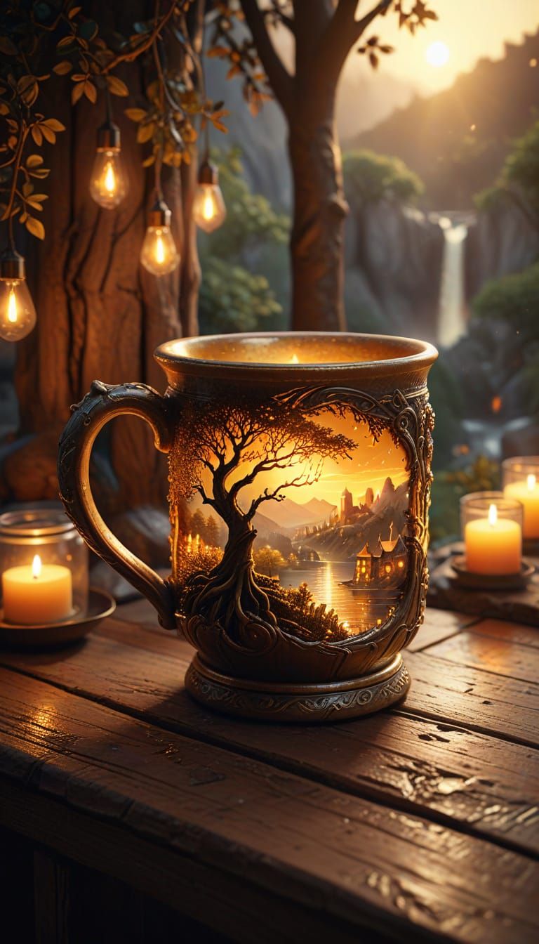 Surreal Golden Kingdom in Ancient Mug: Hyperrealistic Digita...
