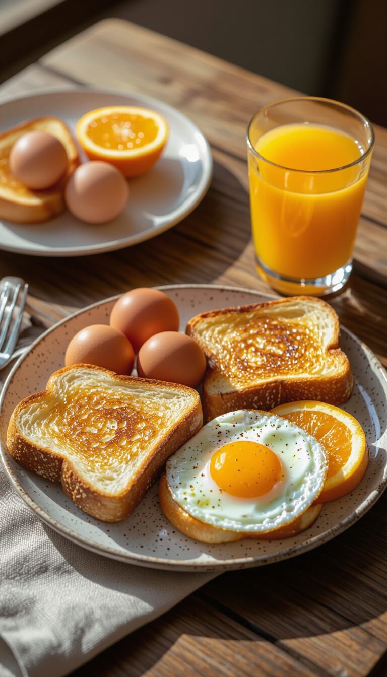 Overhead Breakfast Spread: Eggs, Toast, and Orange Juice