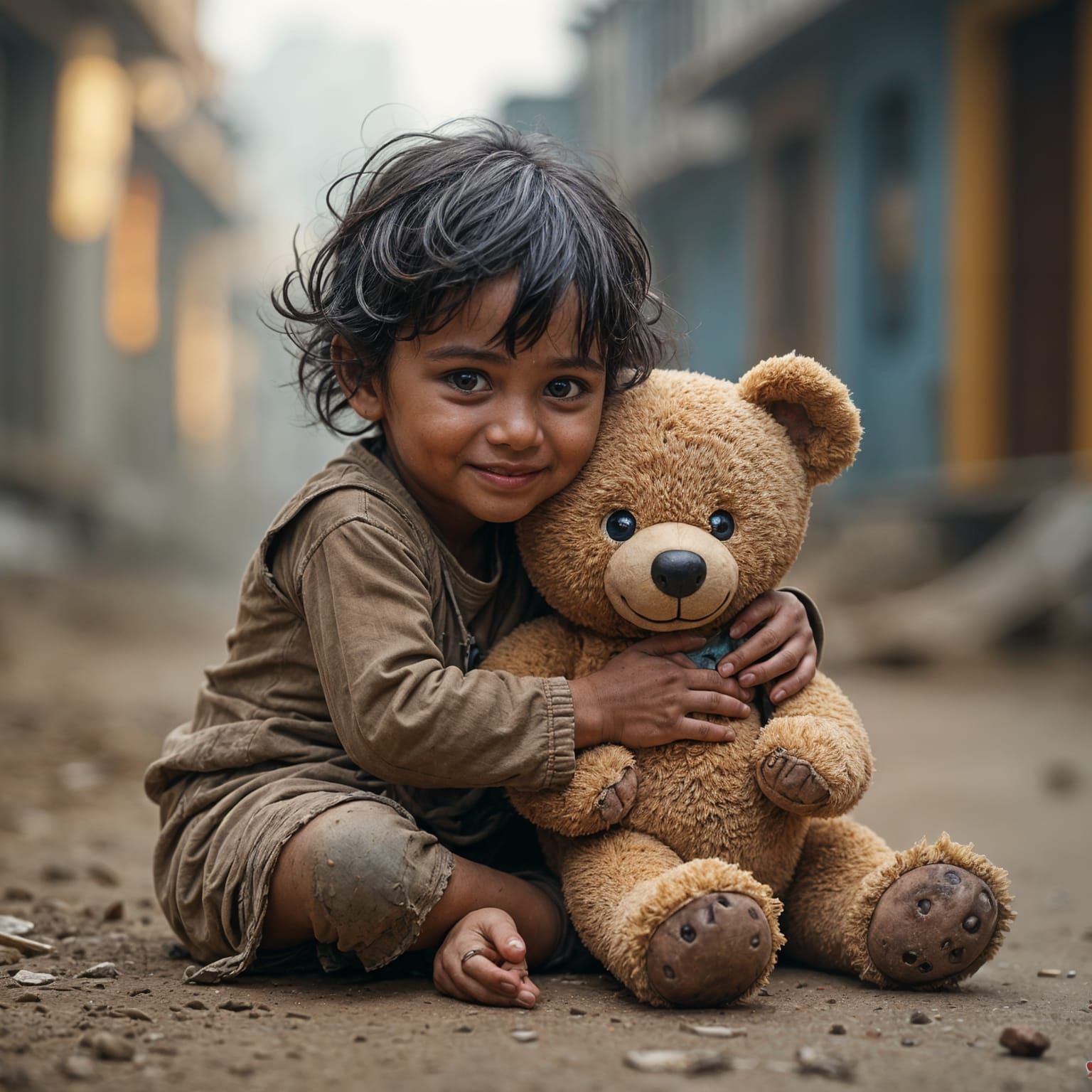 Loving Beggar Child Hugs Teddy: Surreal Realism