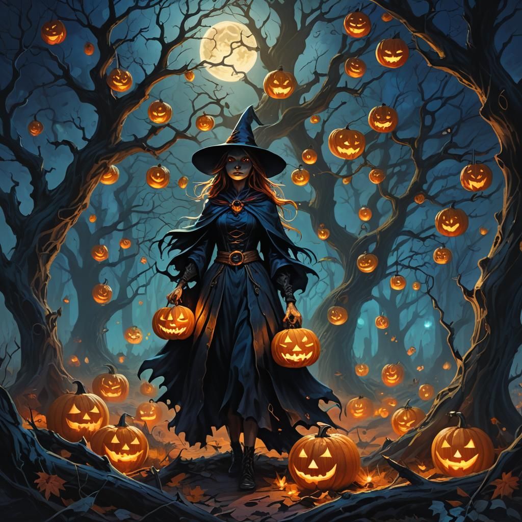 Witch in Haunted Forest: Dark Fantasy Oil Painting