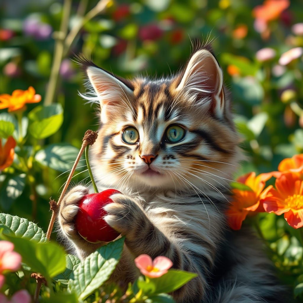 Futuristic Tabby Cat Enjoys Cherry Berry in Hyperrealistic G...