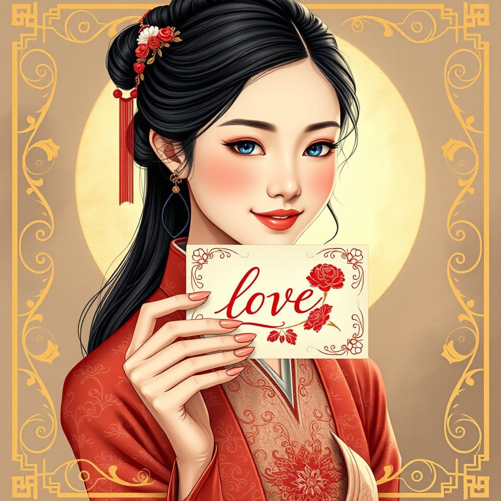 Elegant Valentine's Day Card in Traditional Chinese Art Styl...