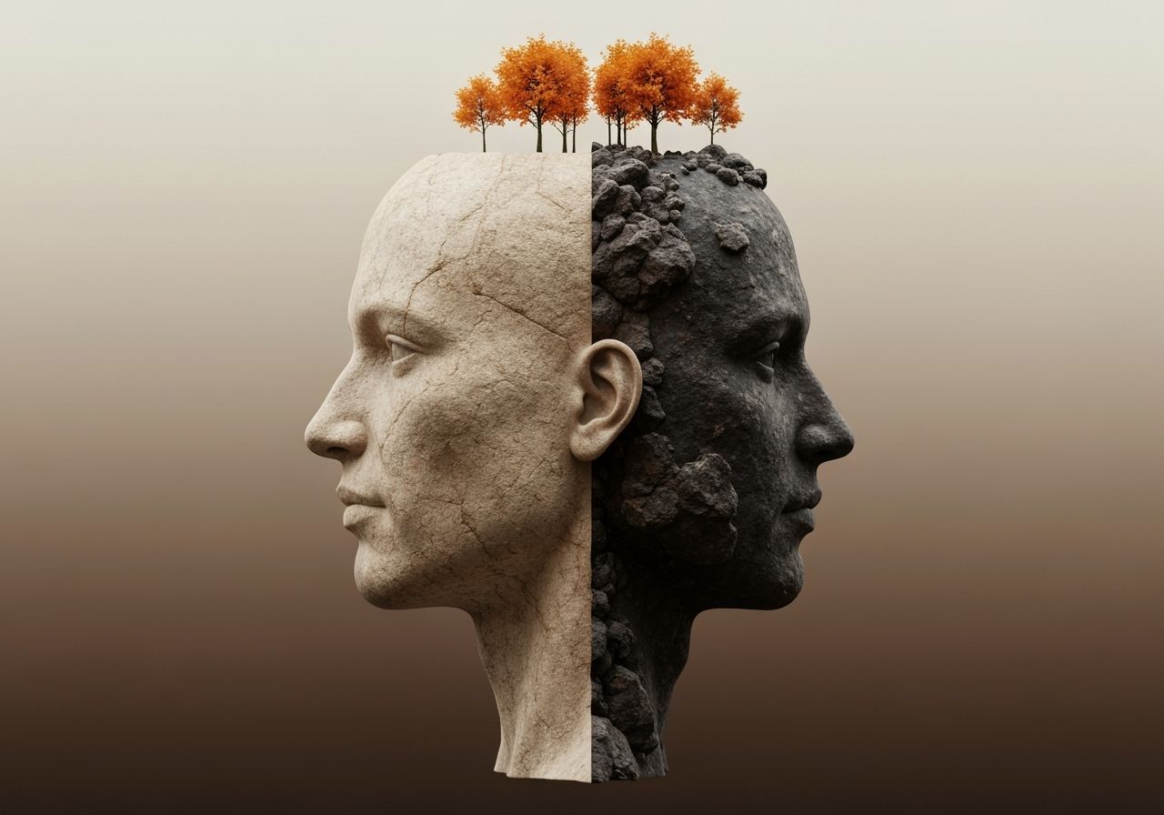 Surreal Stone Head Split with Growing Trees
