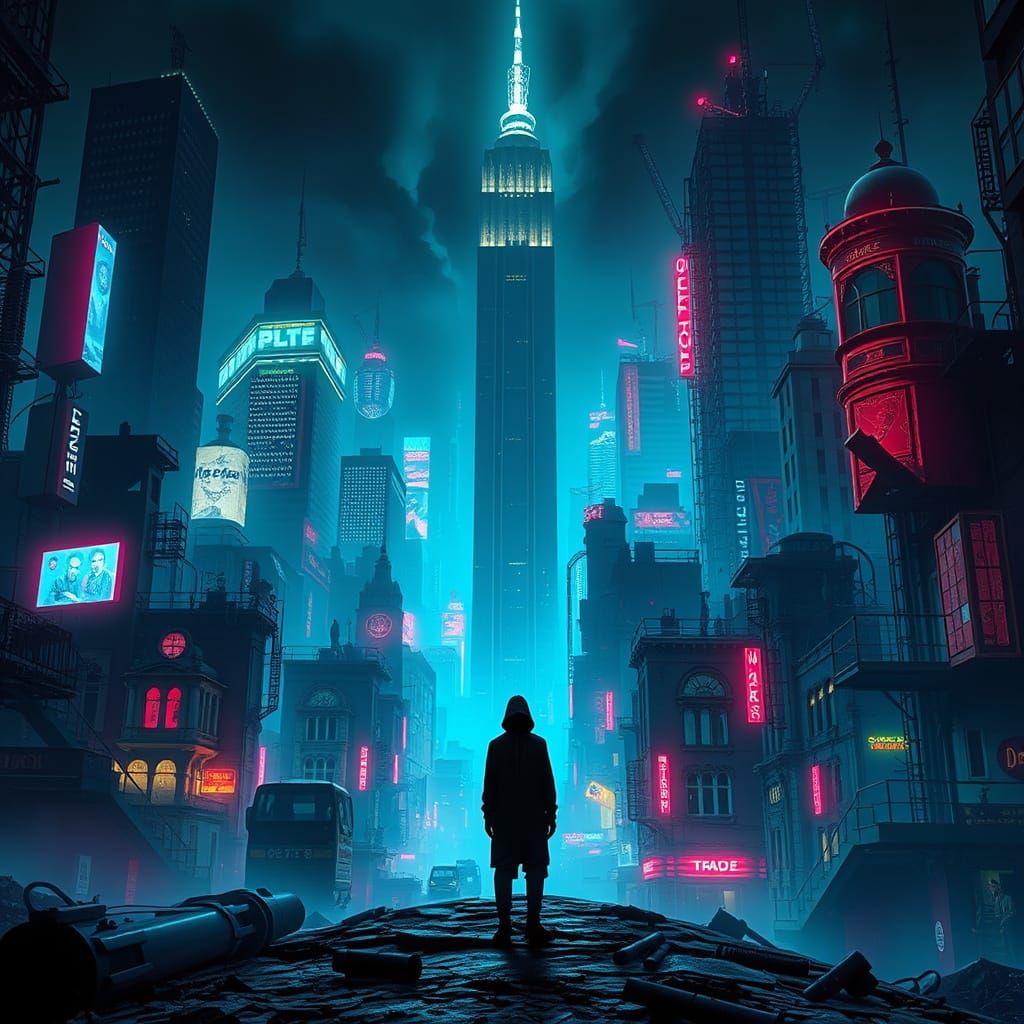 Cyberpunk Figure in Neon Cityscape