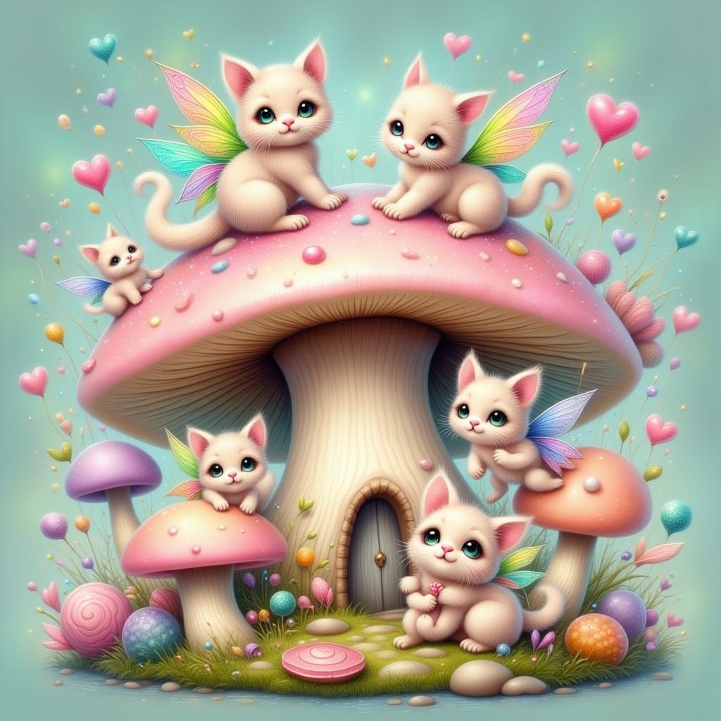 Adorable Pastel Mushroom House with Cat Fairies