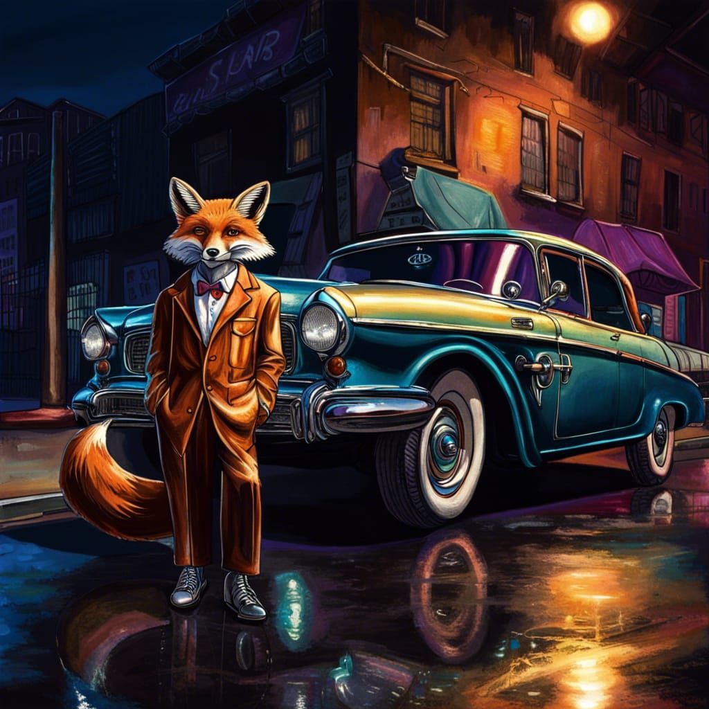 Fox in Zoot Suit Leaning on Edsel