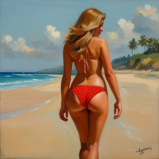 Polka Dot Bikini Beach Walker in Oil Painting Style