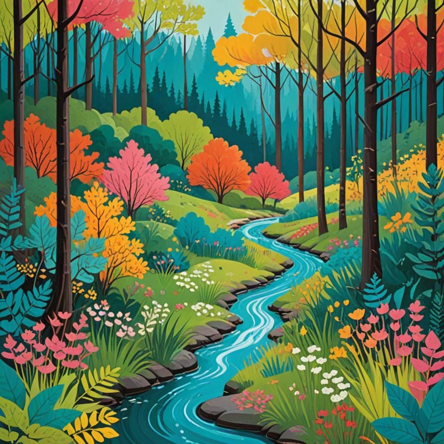 Vibrant Forest Landscape with Turquoise Stream in Folk Art S...
