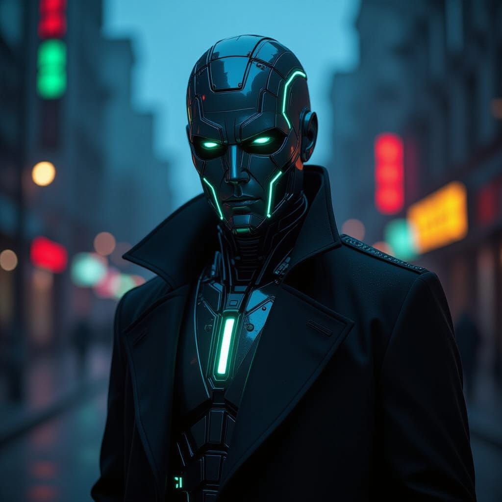 AI Humanoid in Cyberpunk Cityscape Film Still