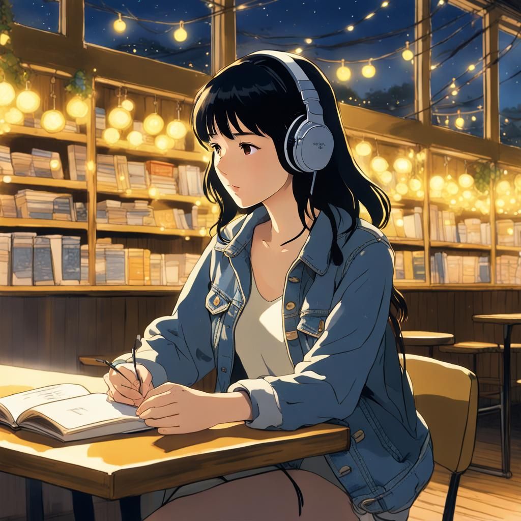 Girl Studying in Cafe: Studio Ghibli Anime Style