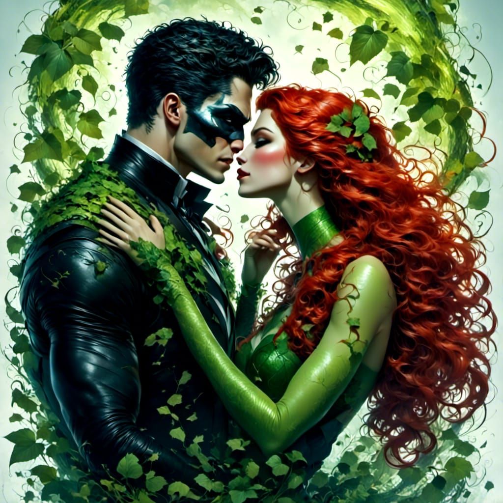 Bane and Poison Ivy Kiss in Comic Book Style