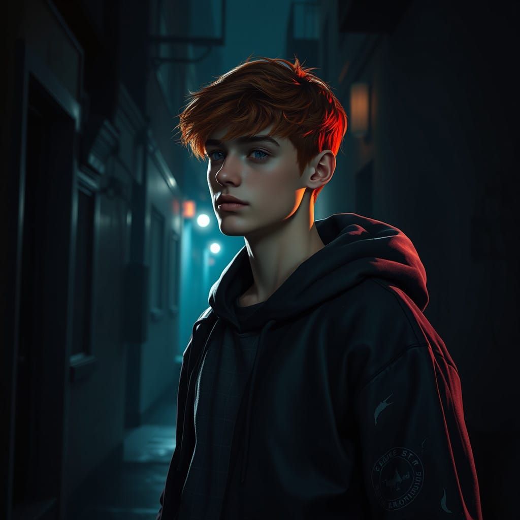 A Red-Haired Young Man Blends into Shadows in a Dimly Lit Al...