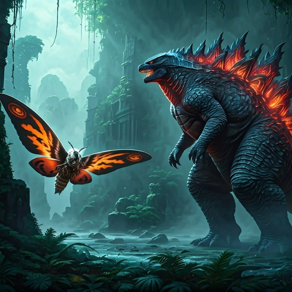 Godzilla and Mothra Face King Ghidorah