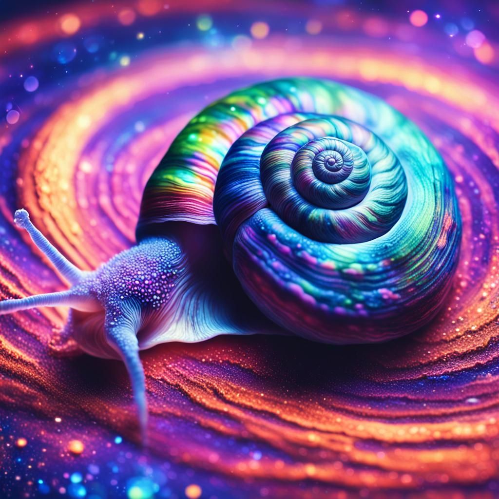 Psychedelic Snail Floats Through Iridescent Galaxy