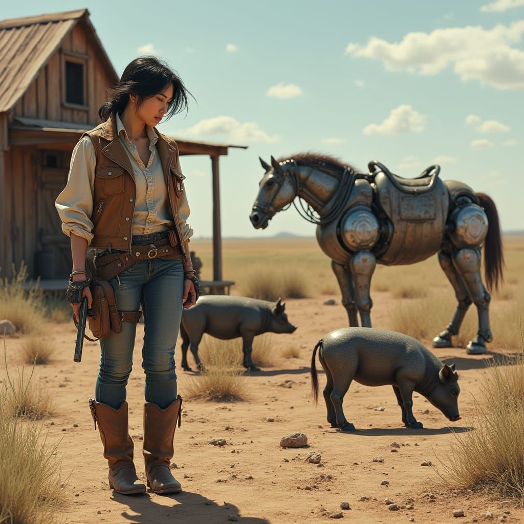 Cyberpunk Woman at Cabin with Robot and Horse