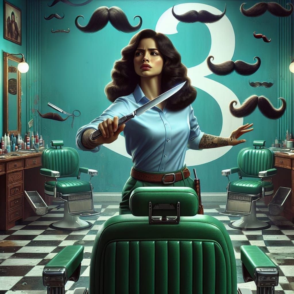 Hispanic Barber Defends Shop with Razor in Turquoise Fantasy...