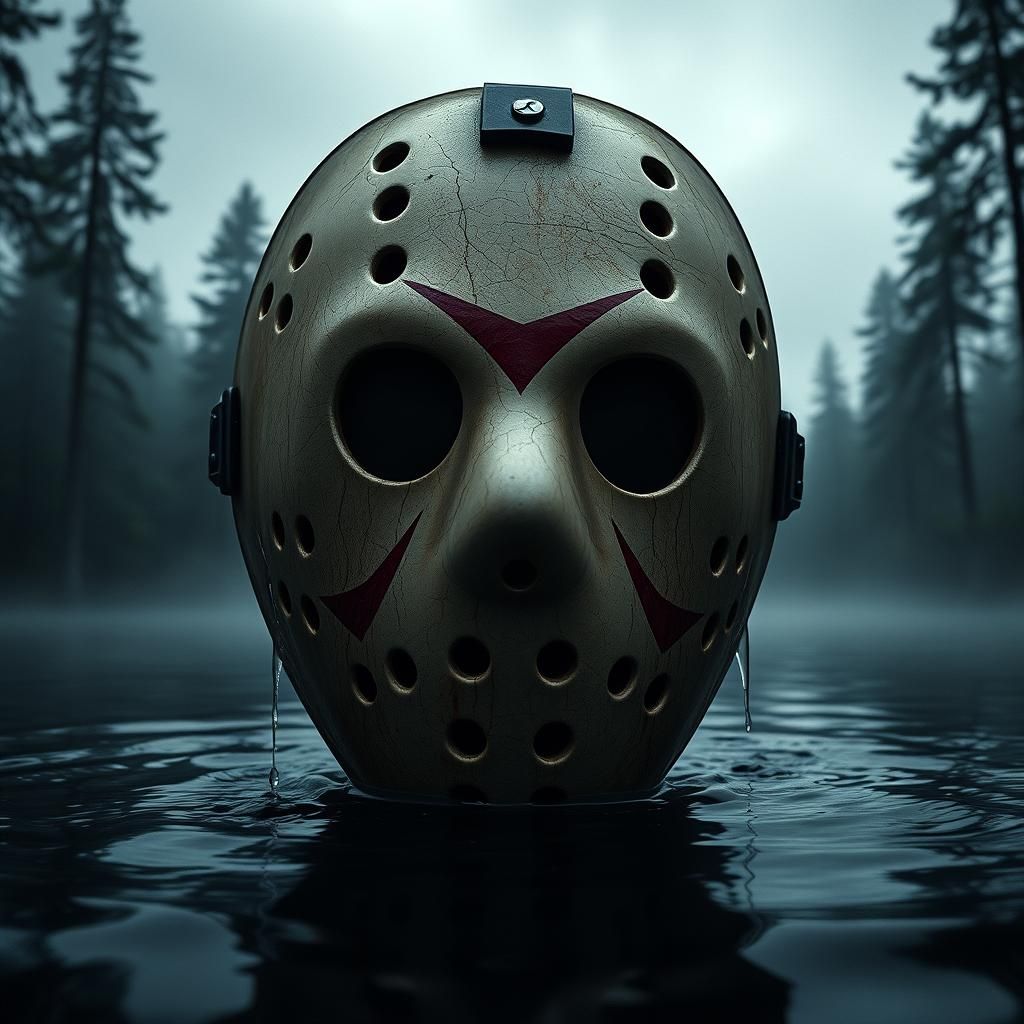 Eerie Hockey Mask Emerges from Water: Tenebrism Painting
