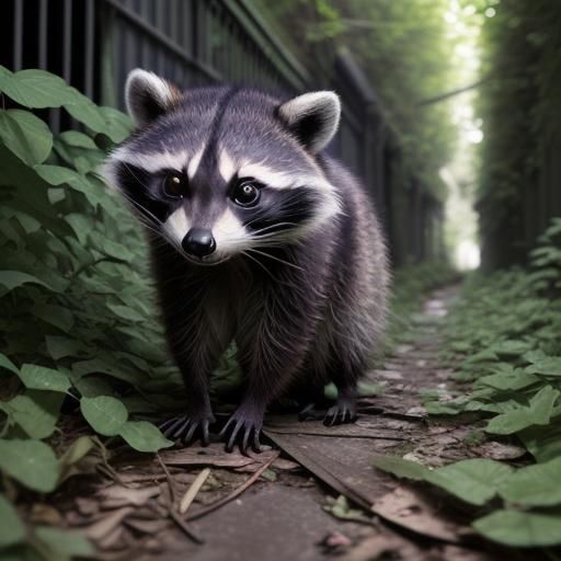 Raccoon in Overgrown Alley: DSLR Photography