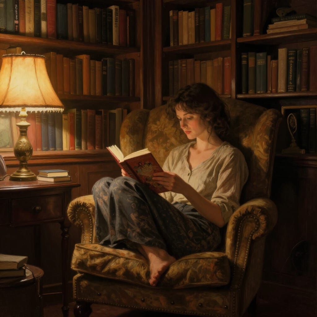 Cozy Reading Nook with Woman and Bookshelves