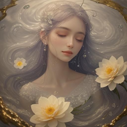 Dreamy Woman Surrounded by Floating Flowers