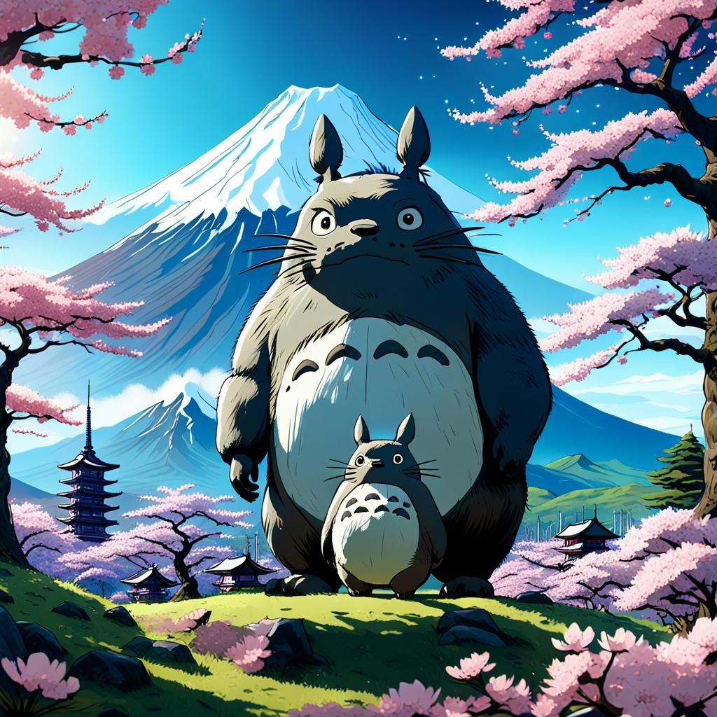 Totoro at Mount Fuji with Sakura Trees