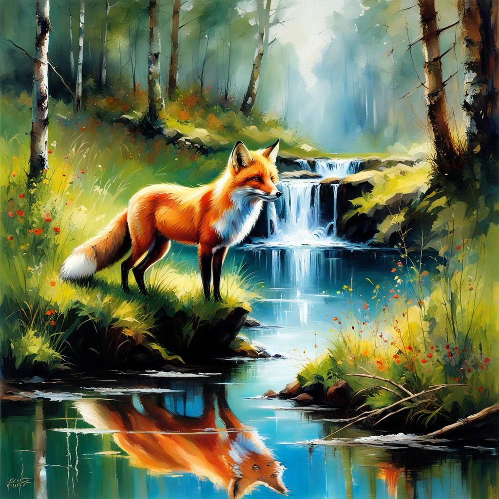 Fox in Forest Creek as Detailed Oil Painting