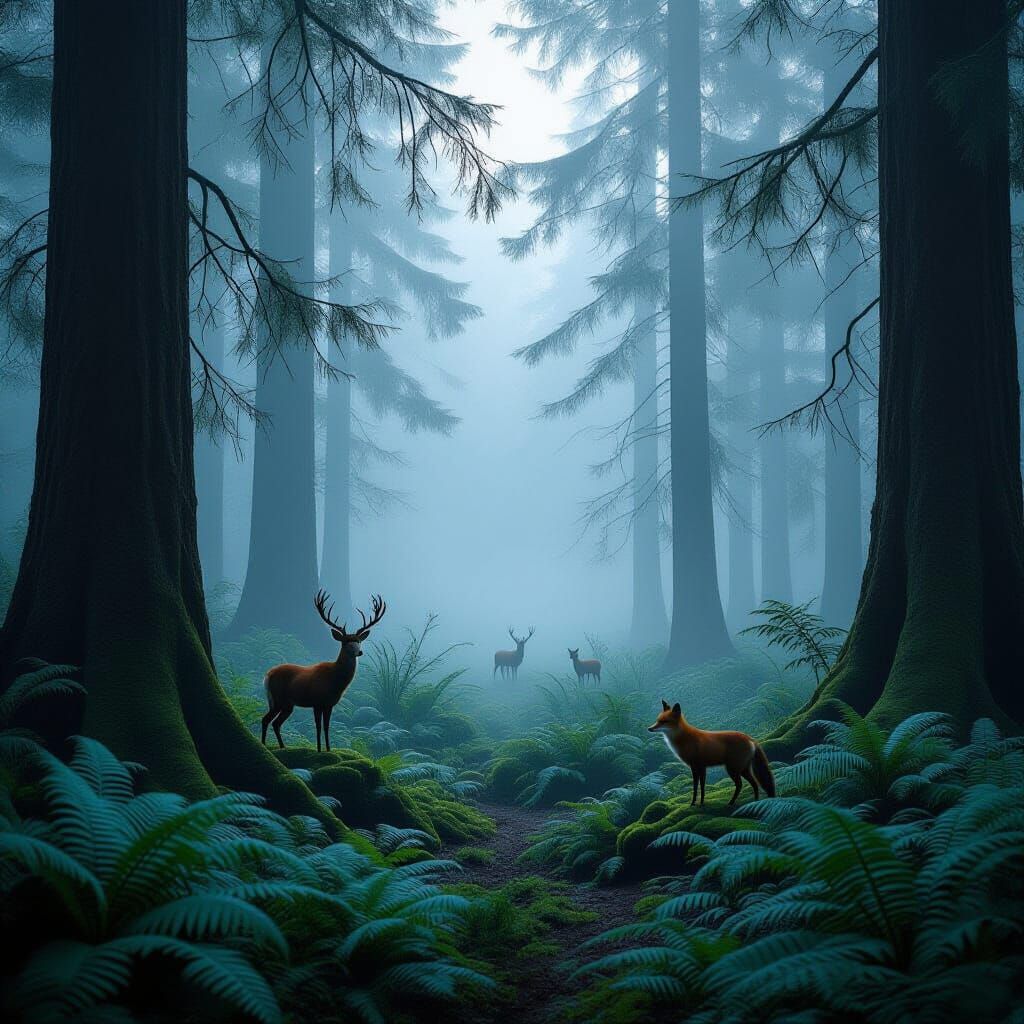 Ethereal Foggy Forest at Dawn with Wildlife