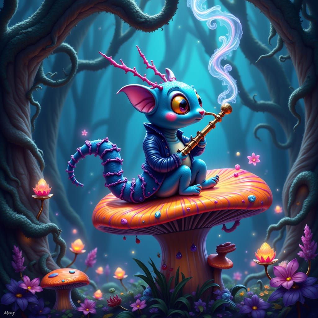Blue Caterpillar Smoking Hookah in Mystical Forest