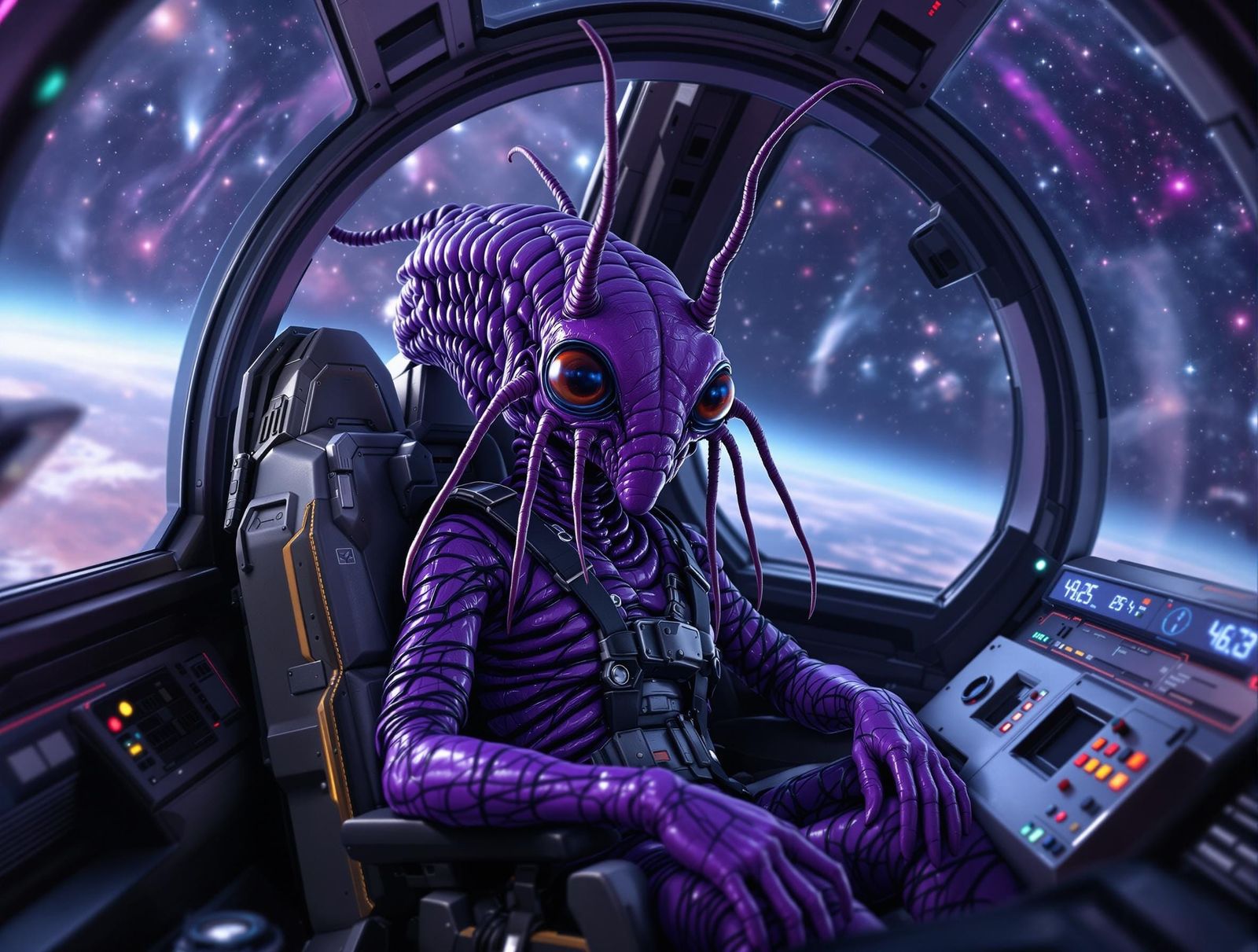 Purple Alien Pilot in Futuristic Spaceship