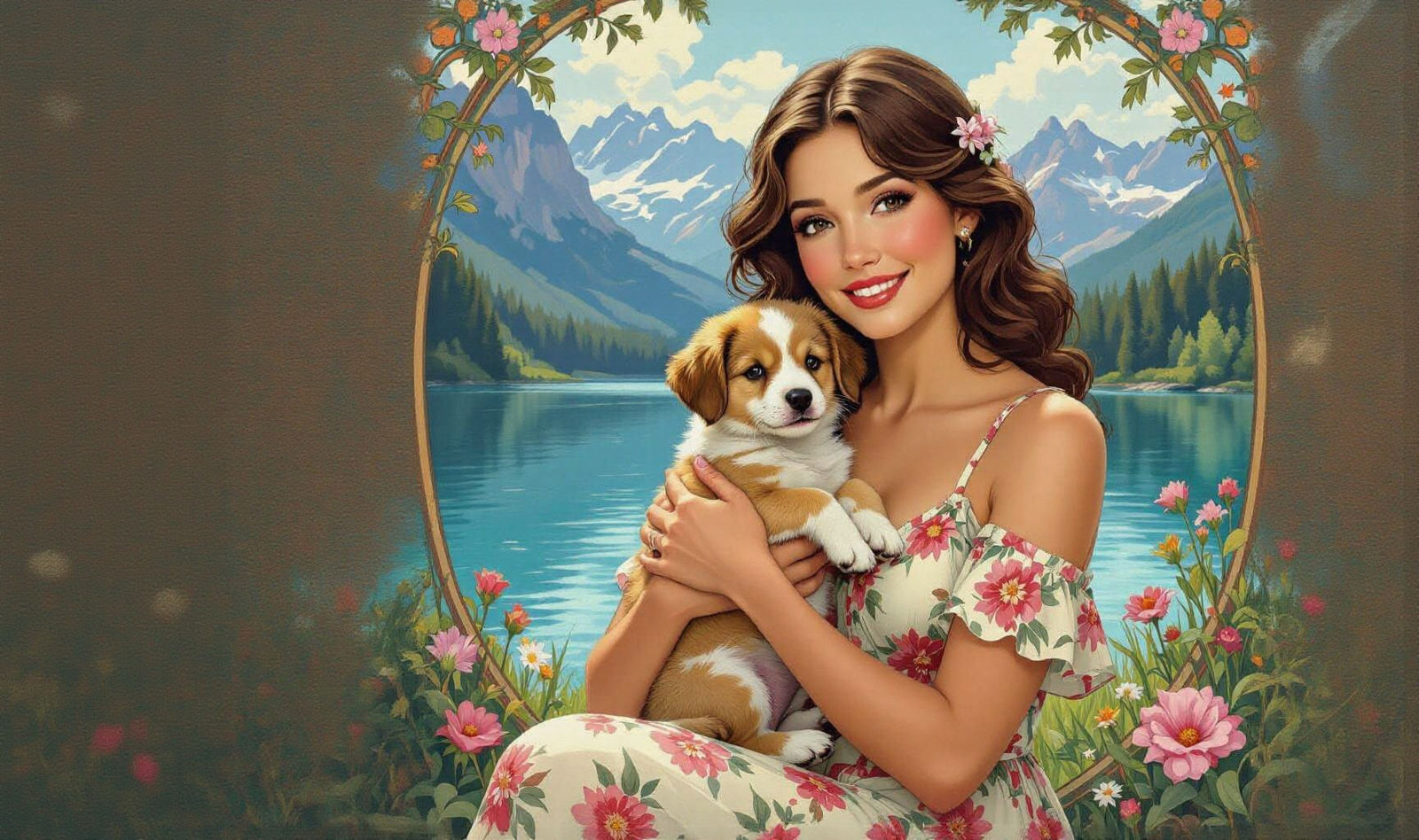 Woman and Puppy by Lake, in Art Nouveau Style