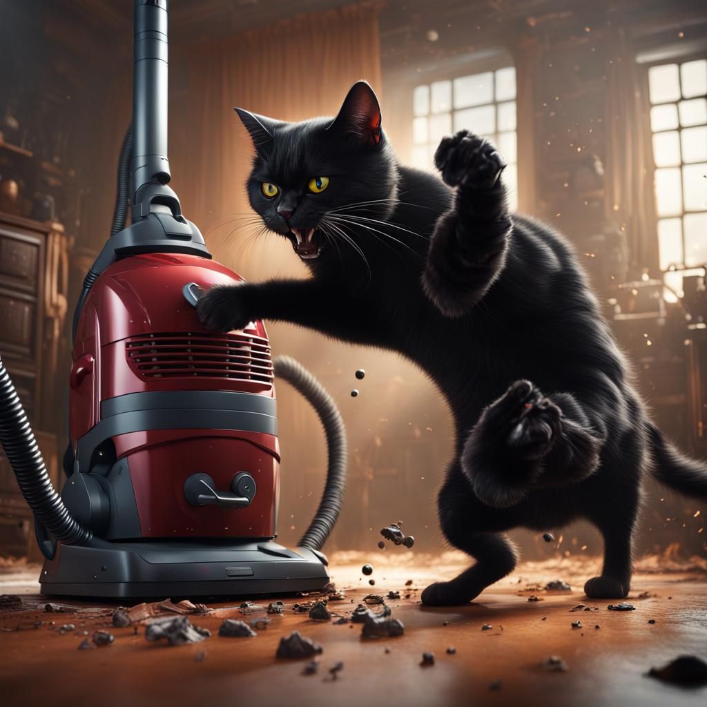 Furious Black Cat Versus Vacuum Cleaner: Matte Painting