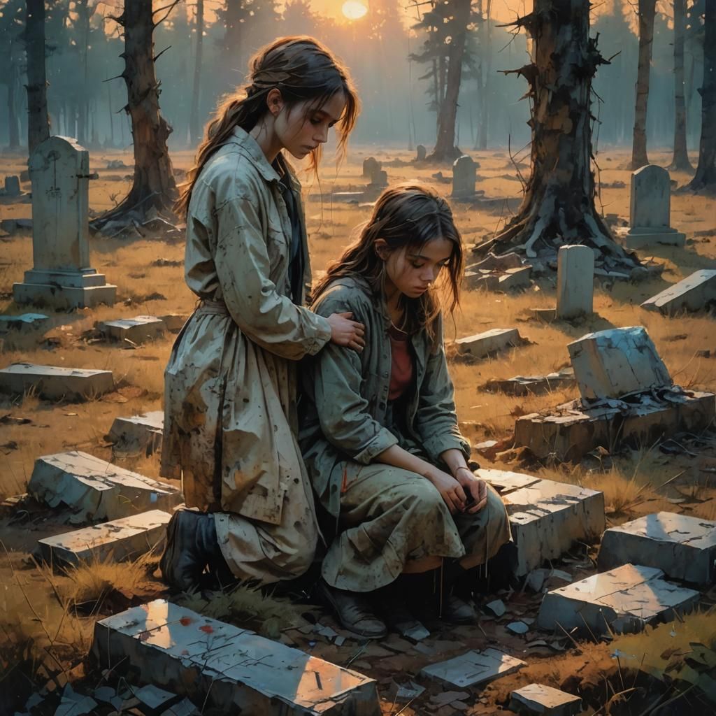 Girls at Grave Marker in Sunset Forest