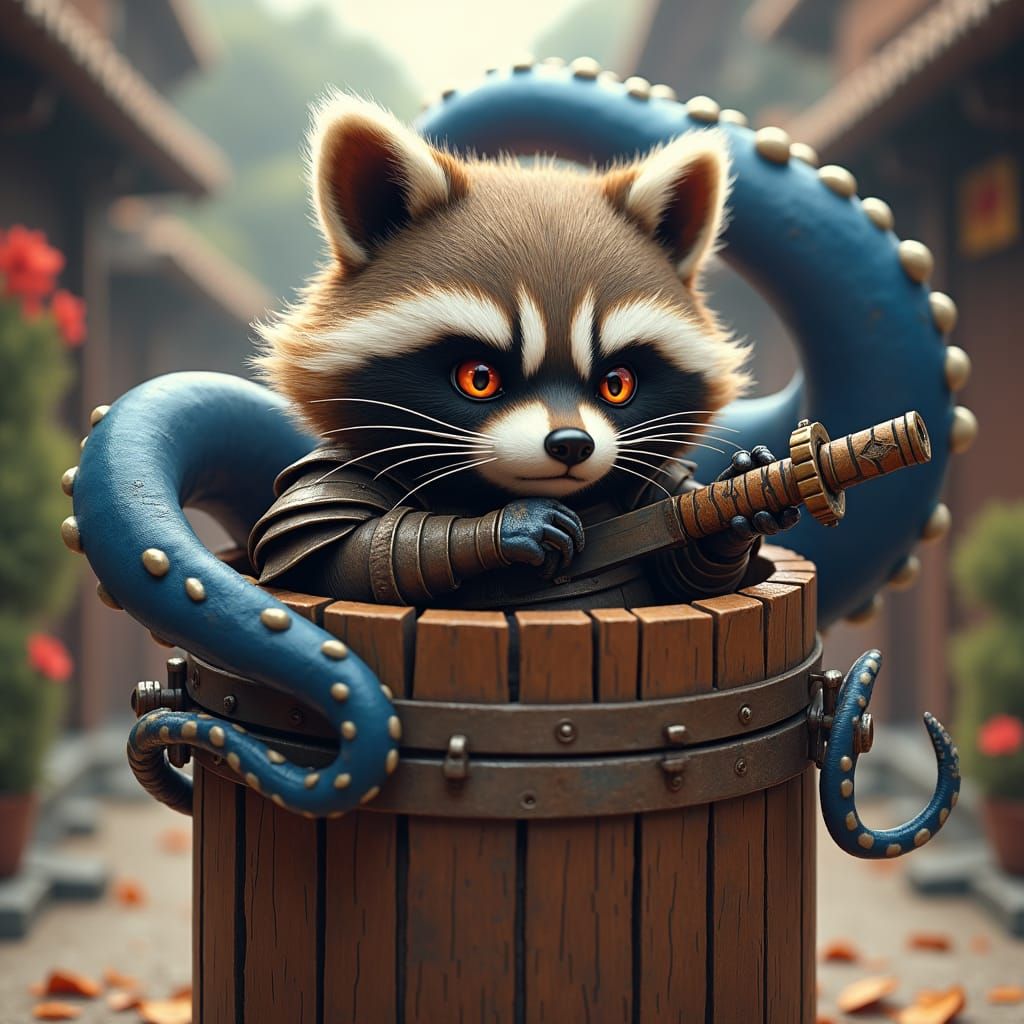 Raccoon Samurai vs Octopus in Feudal Japan