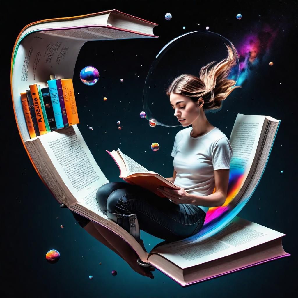 Woman Reading in Anti-Gravity Cartoon Style
