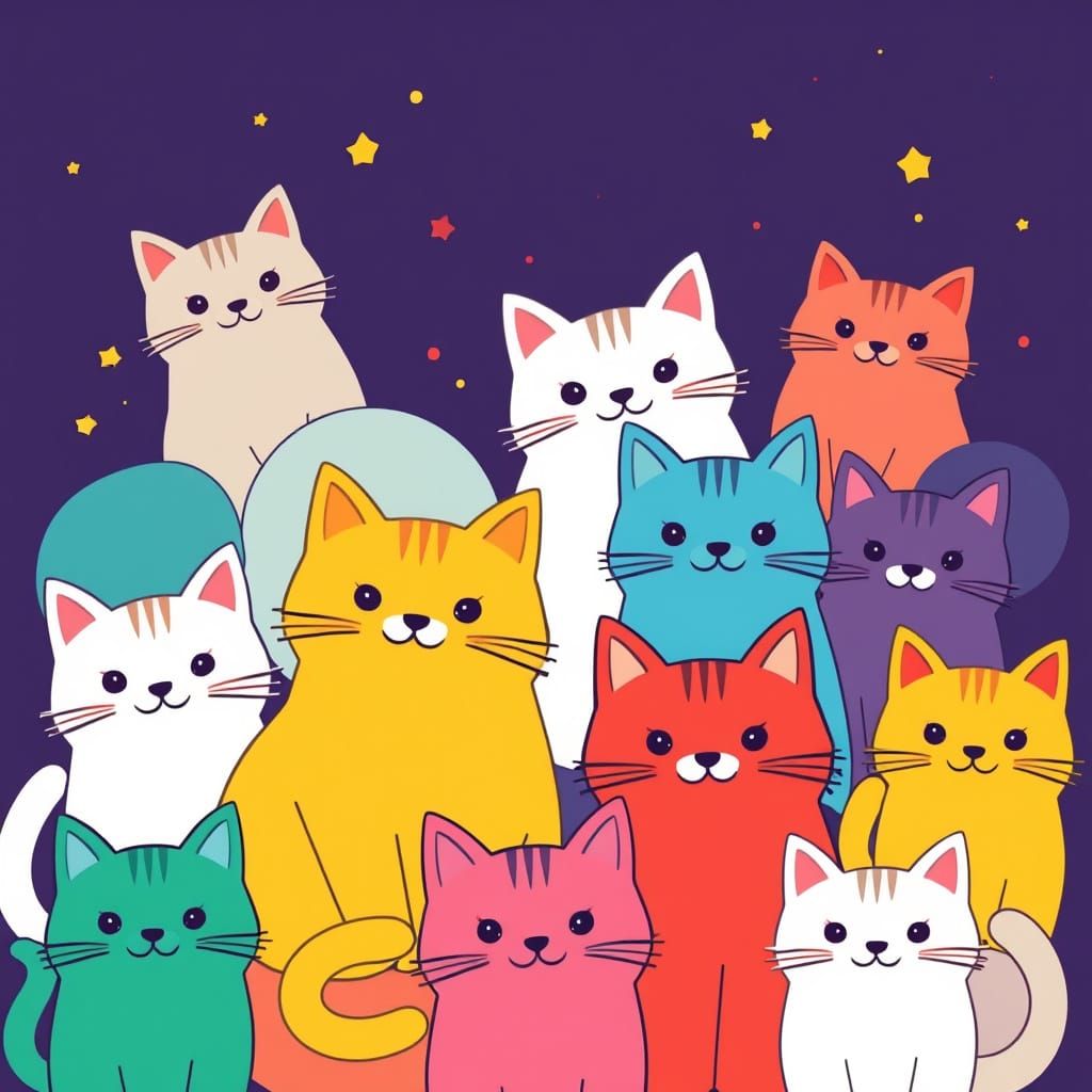 Cute Cats in Kawaii Art Style with Bold Colors