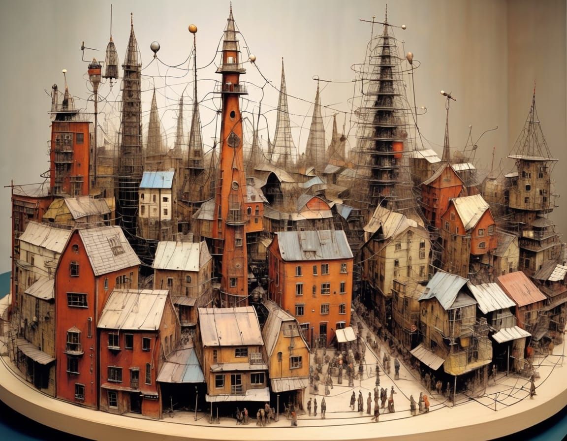 Wire Sculpture City in Style of Hieronymus Bosch