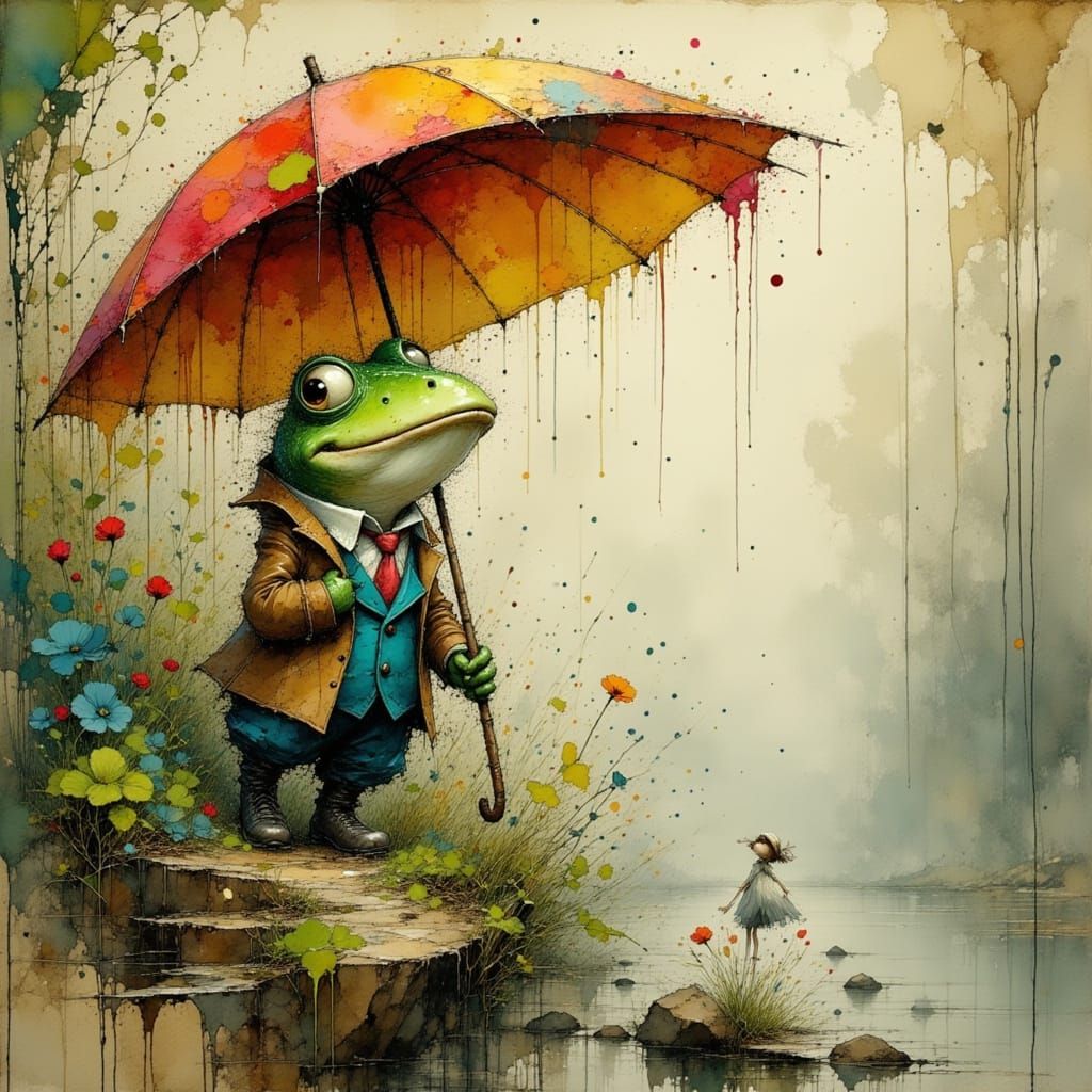 Delighted Frog in Rain, Beatrix Potter Style