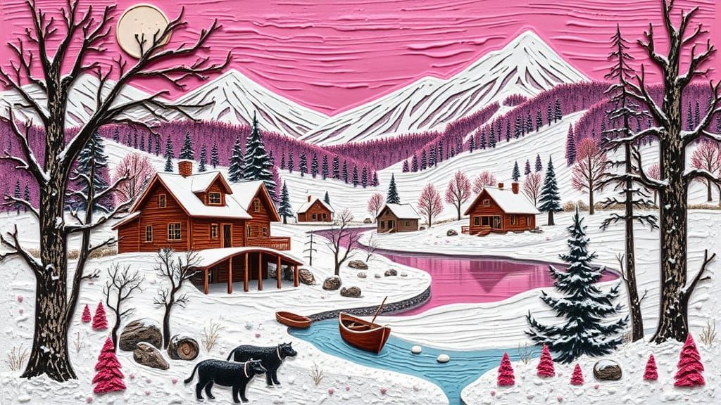 Winter Cabins in Pastel Colors, Impasto Quilling Style