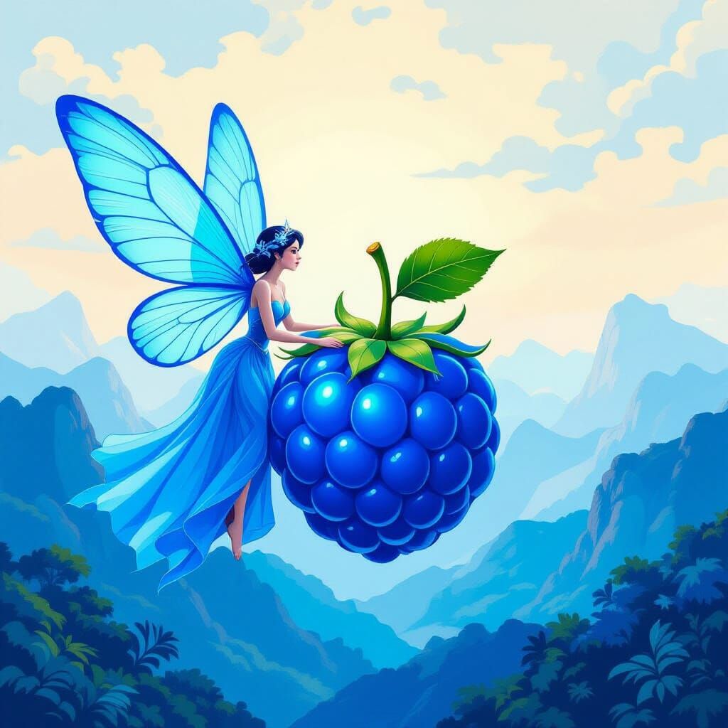 Blue fairy in the blue mountains carry a neon blue giant berry, Surrealism style