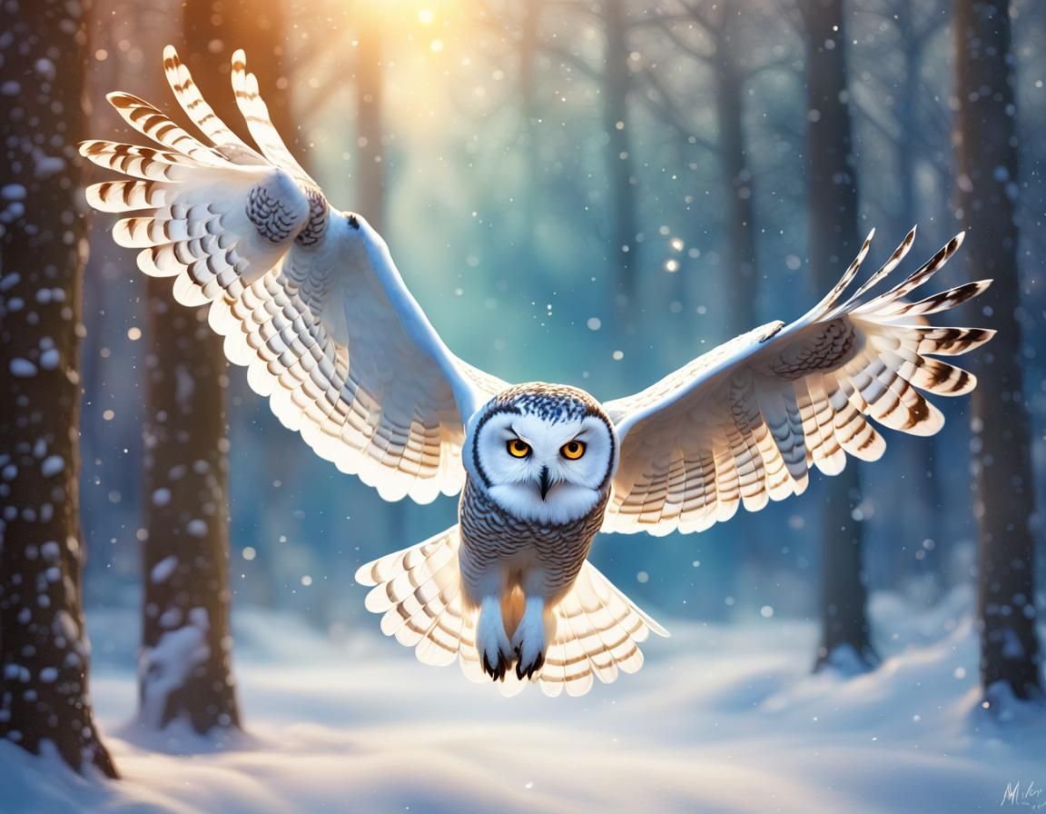 Hyperrealistic Snowy Owl in Sparkling Winter Scene