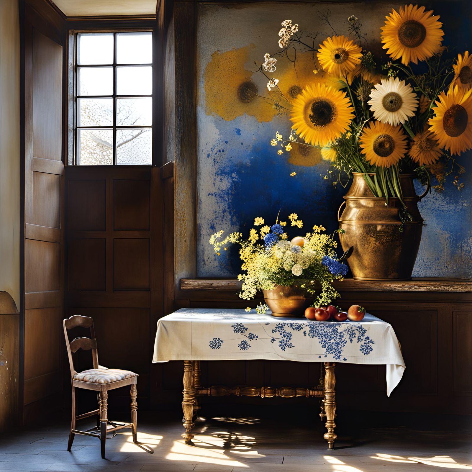 Flowers on Butcher Table: Pollock and Vermeer Style