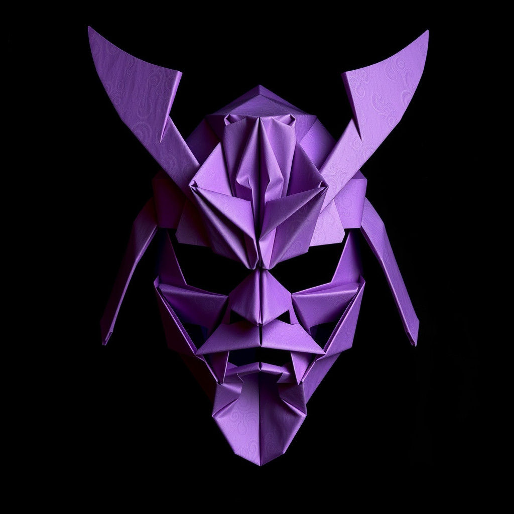 Purple Origami Samurai Mask in Ukiyo-e Style