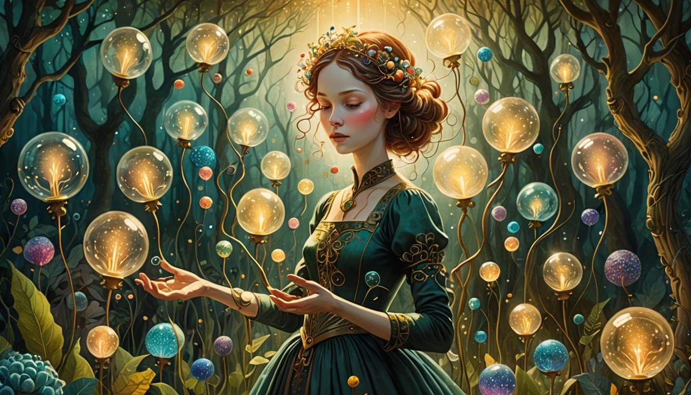Ethereal Woman in Fairytale Garden Illustration